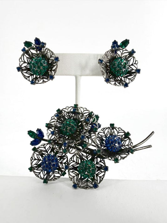 VENDOME Green & Black Mesh Wire Flower Brooch & Earring Set