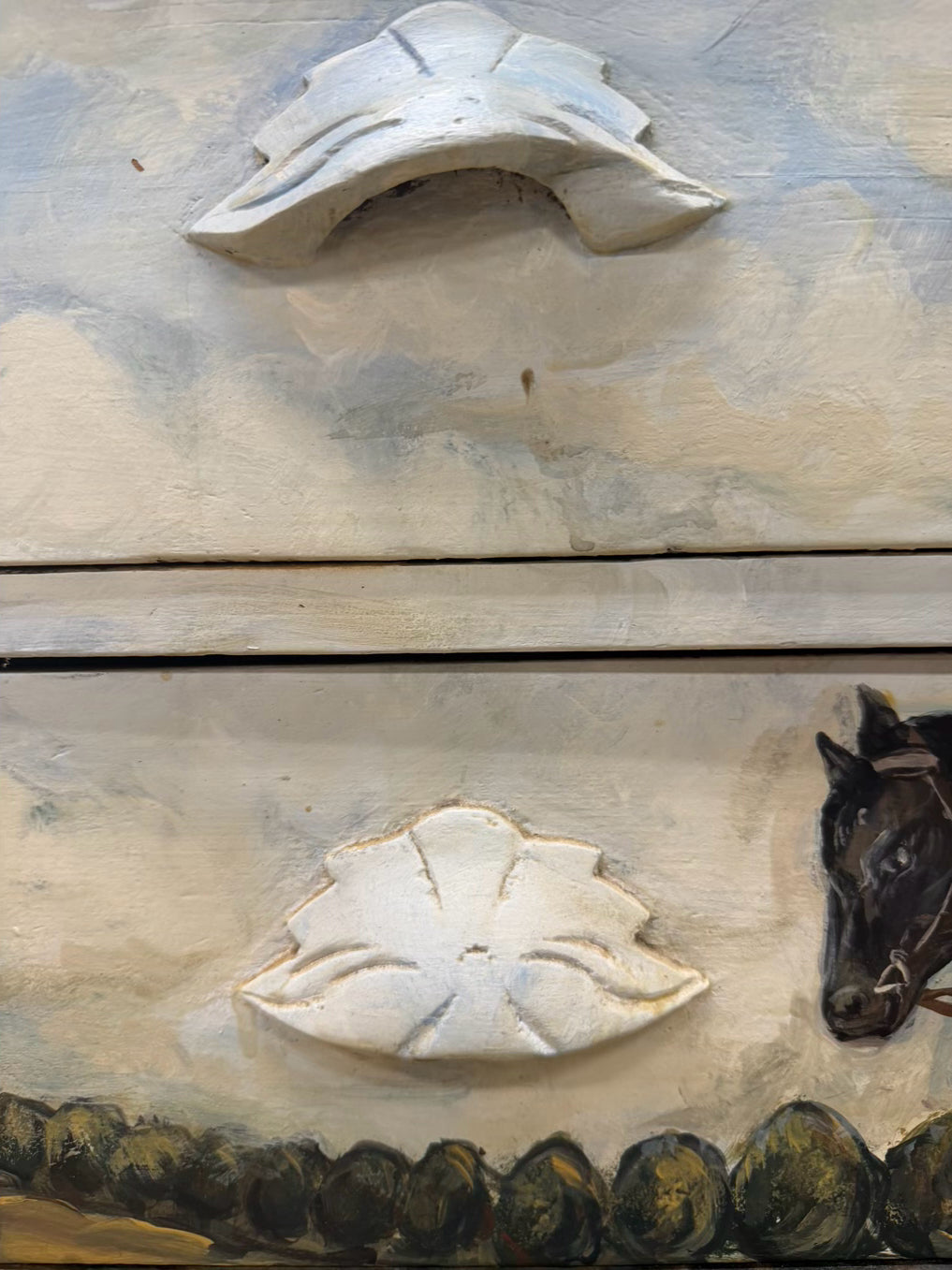VINTAGE Painted Wood Girl On Horse 3 Drawer Chest