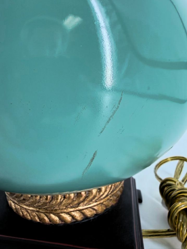 Aqua Lamp w/ Wood & Brass Like Base Detail & Shade