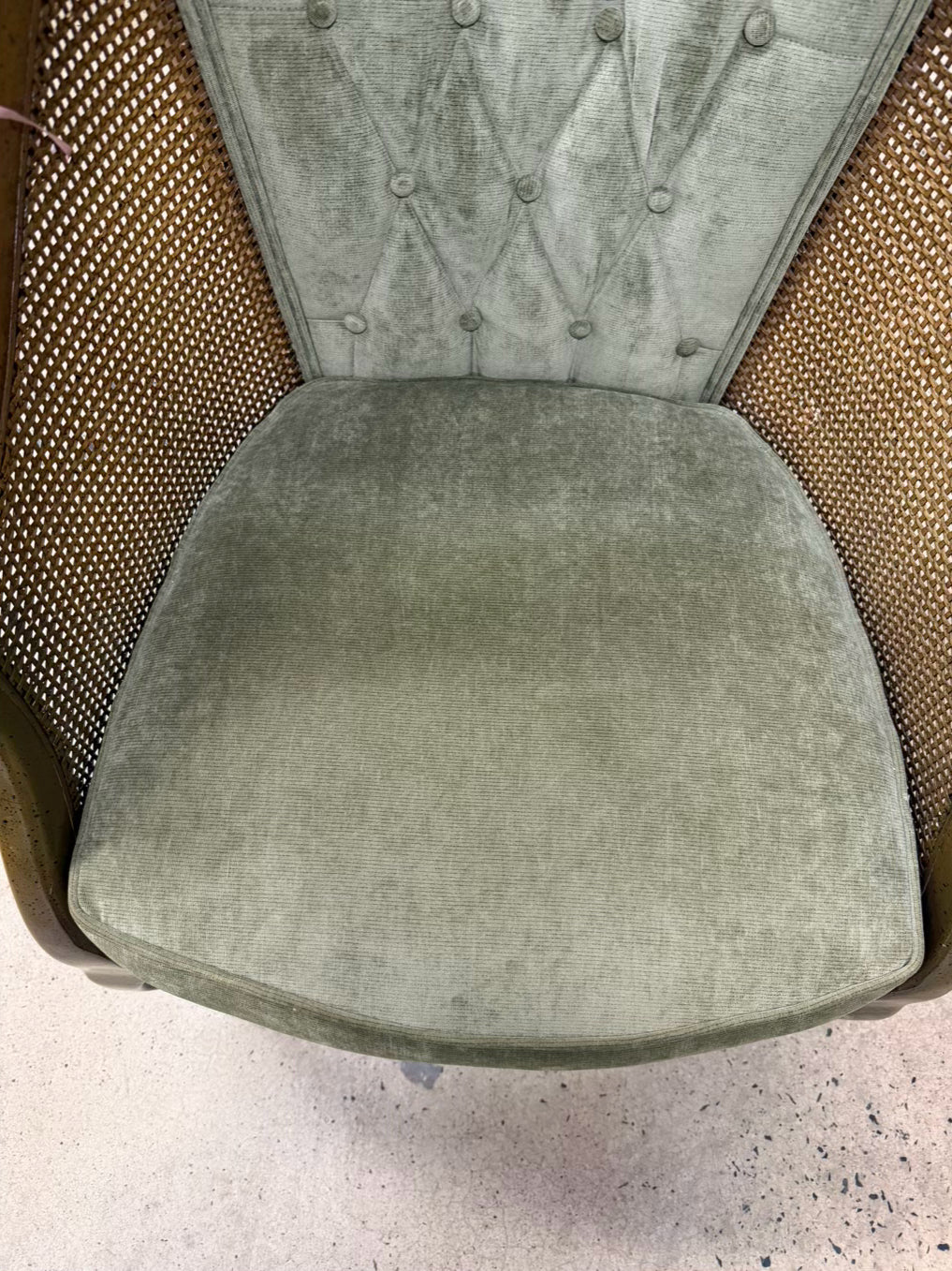 VINTAGE Brown Cane Chair w/ Green Upholstery