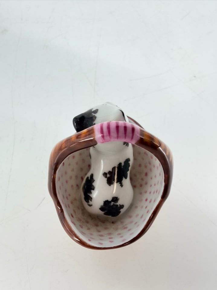 Limoges Black & White Porcelain Cat In Basket Trinket Box