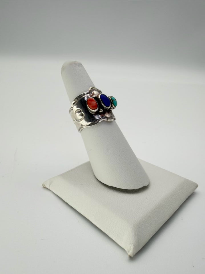 Lapis, Turquoise, Coral 925 Stampwork Ring