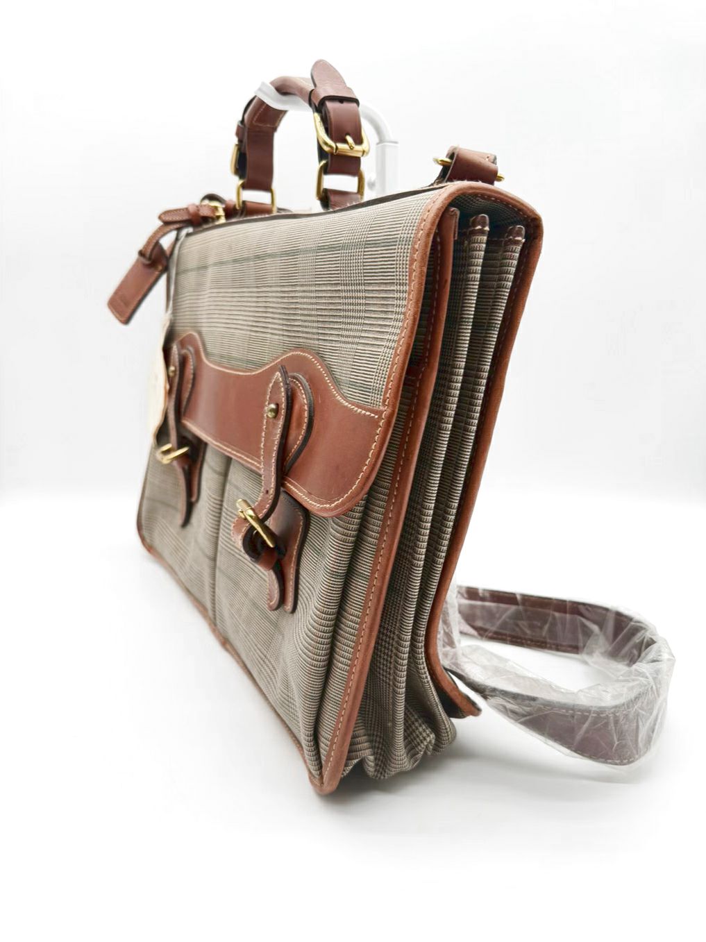 WATHNE Beige Coated Canvas Plaid Briefcase