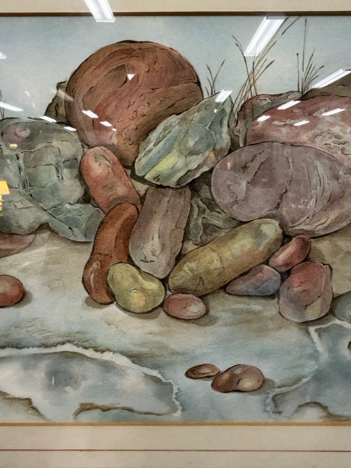 ANN DAVIS Watercolor Rock In Brown Frame
