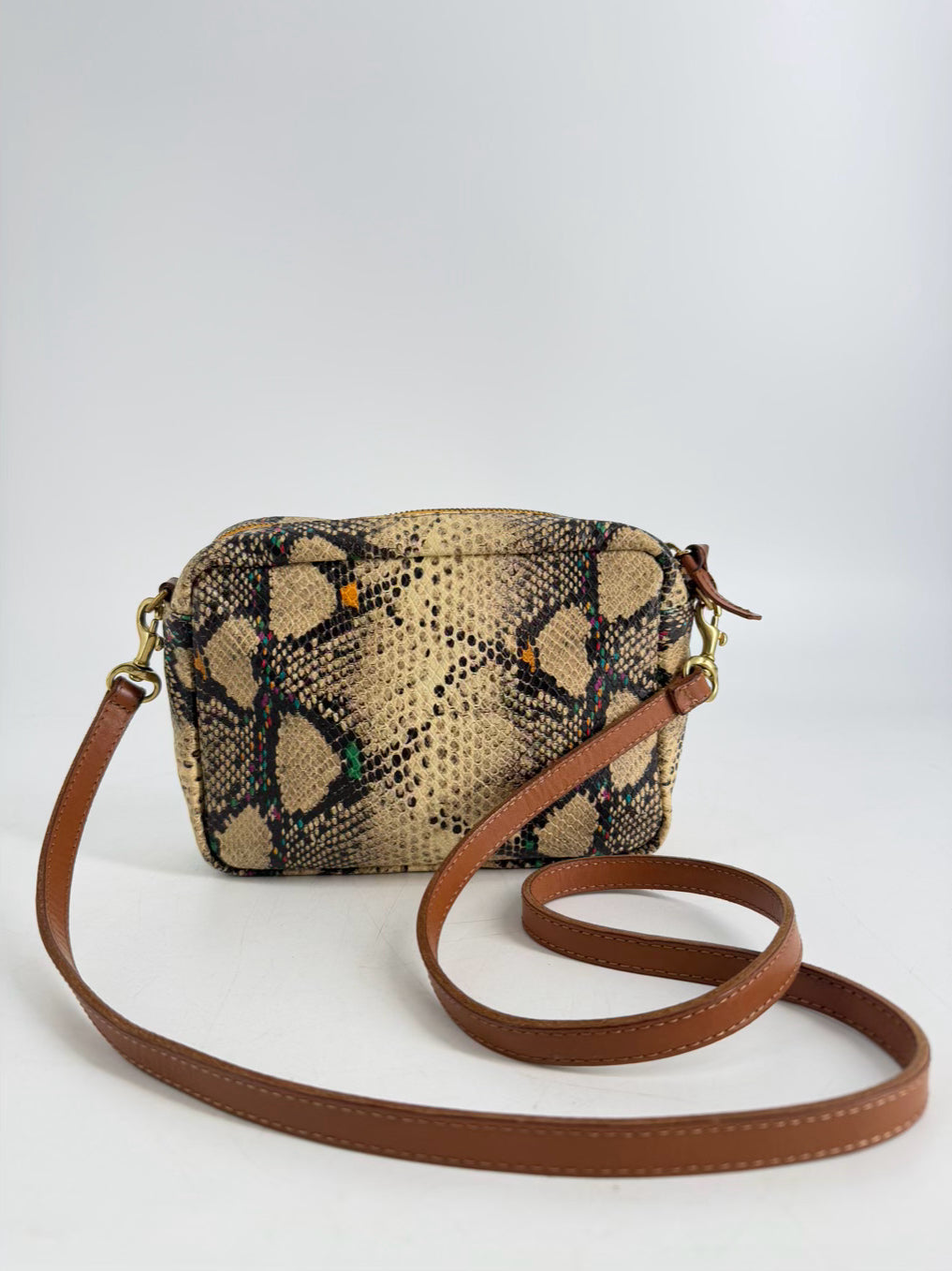 CLARE V. Midi Sac Navy & Red Stripe Snake Embossed Leather Crossbody Bag