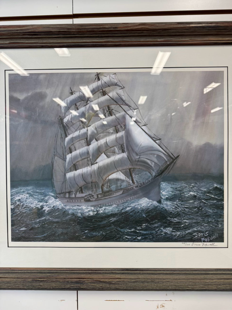 DORIS FOXWELL Ship in Storm Print in Weathered Gray Frame