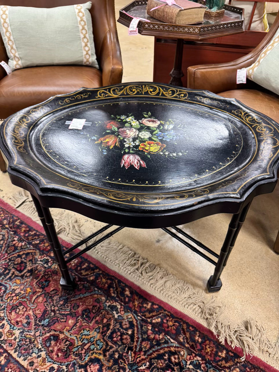VINTAGE Wood Painted Black Flowers Coffee Table w/ Removable Tray