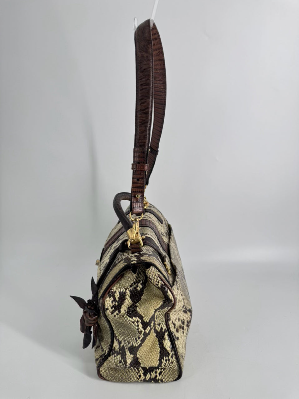 BRAHMIN Cream & Brown Leather Snake Print Purse