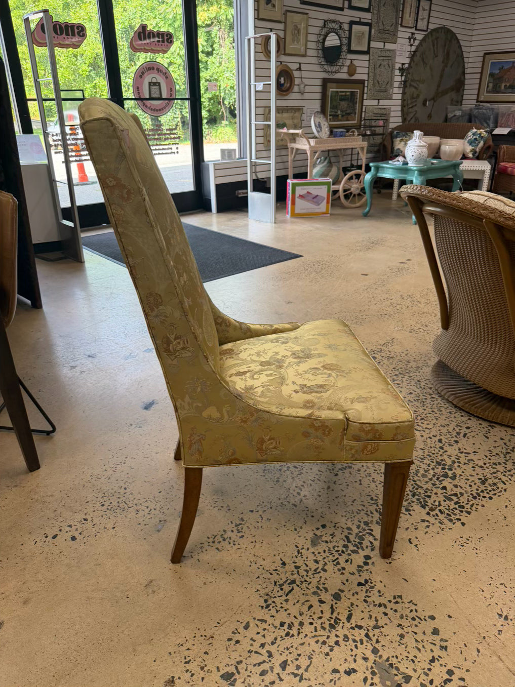 High back Armless Pair Of Chairs w/ Asian Jacquard Fabric
