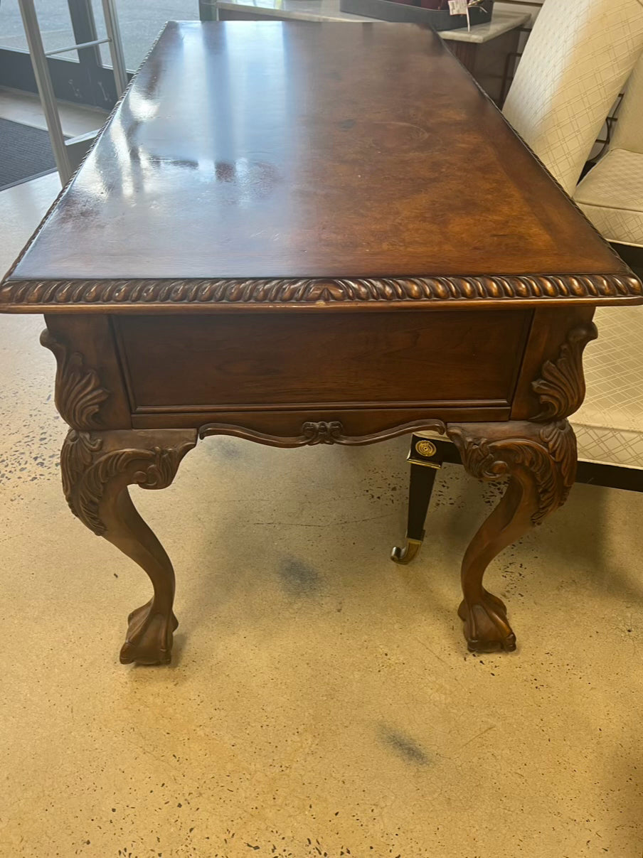 Medium Brown Carved Wood Writing Desk w/ 3 Drawers