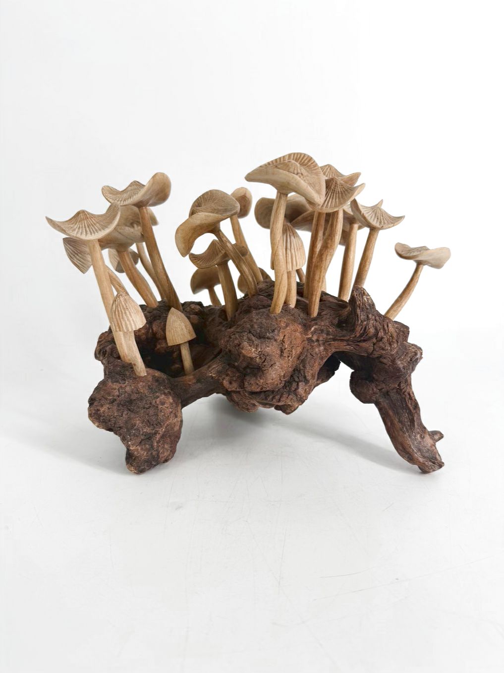 Tan & Brown Wood Carved Mushrooms On Wood Base