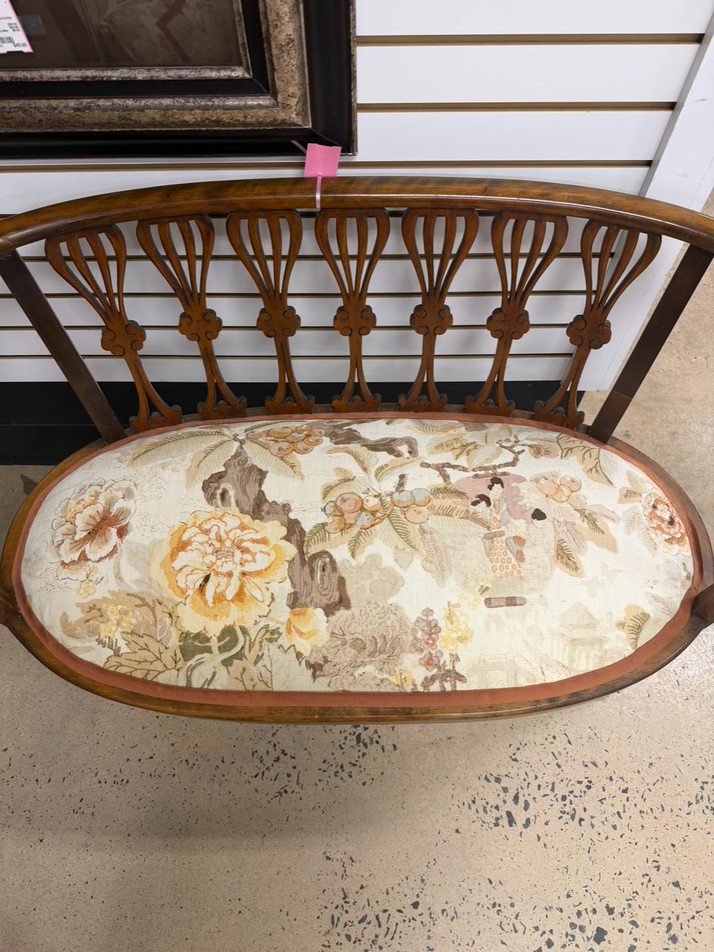 ANTIQUE Curved Wood Bench w/ Spindle Back & Pillows