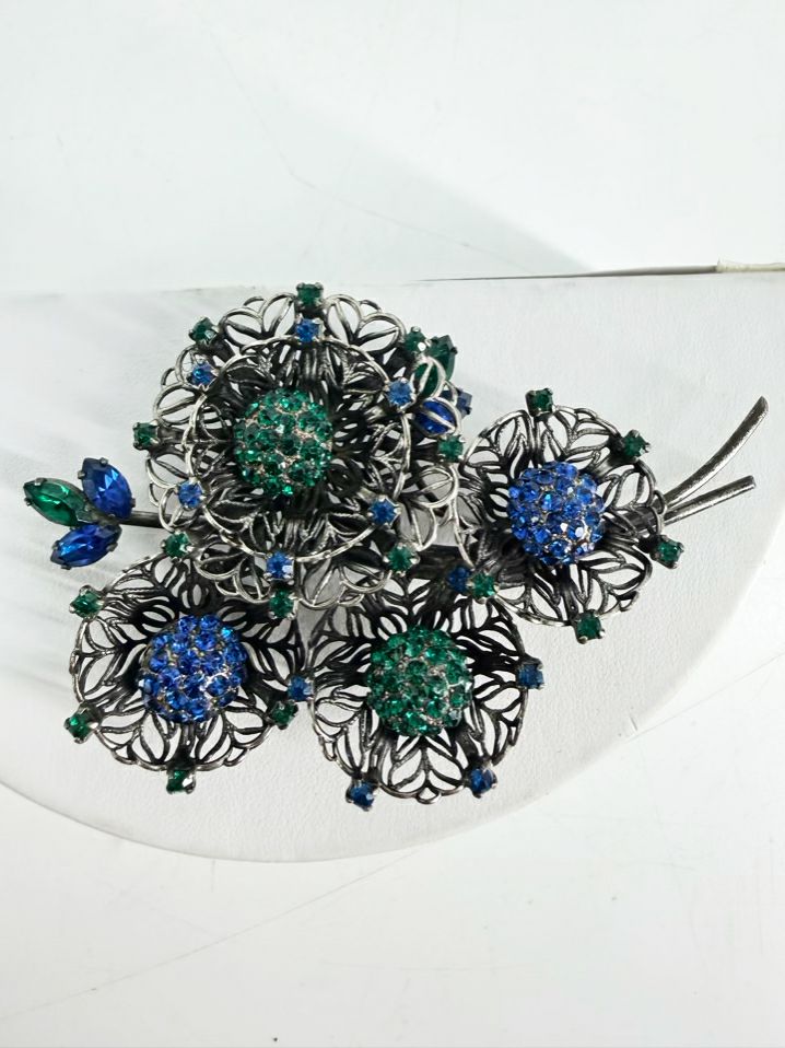 VENDOME Green & Black Mesh Wire Flower Brooch & Earring Set