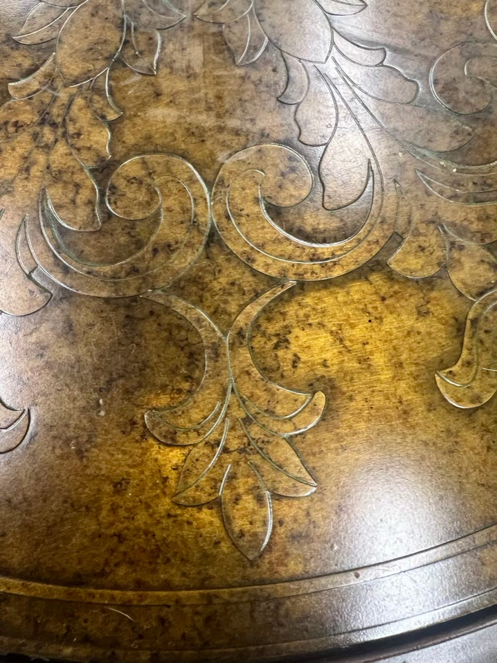 Brown Metal Occasional Table w/ Embossed Design on Table Top