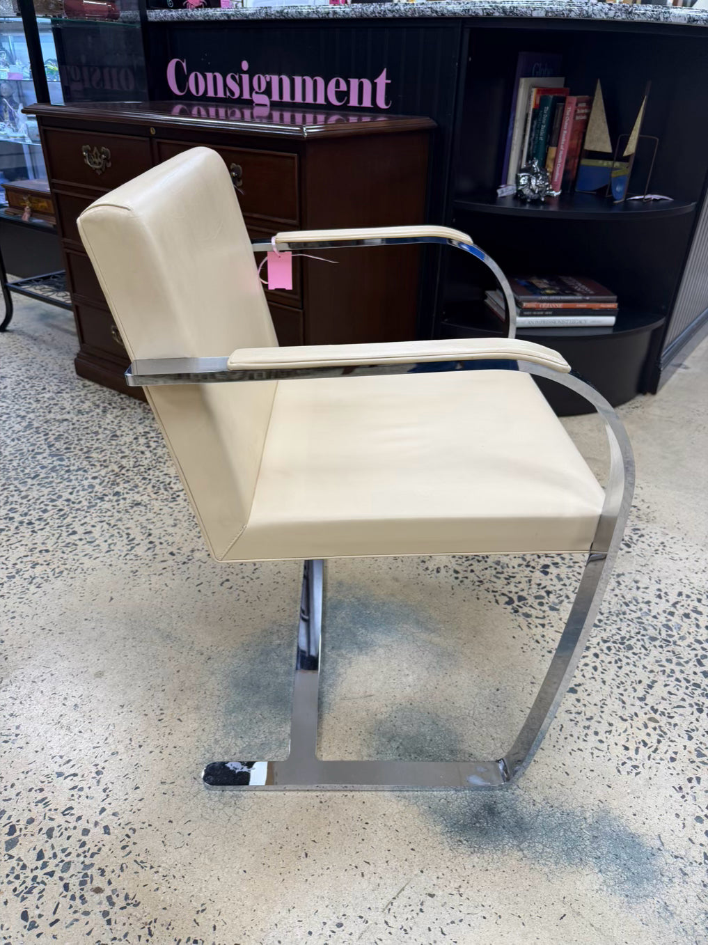 Knoll Style Cream Leather Like Chair w/ Chrome Legs