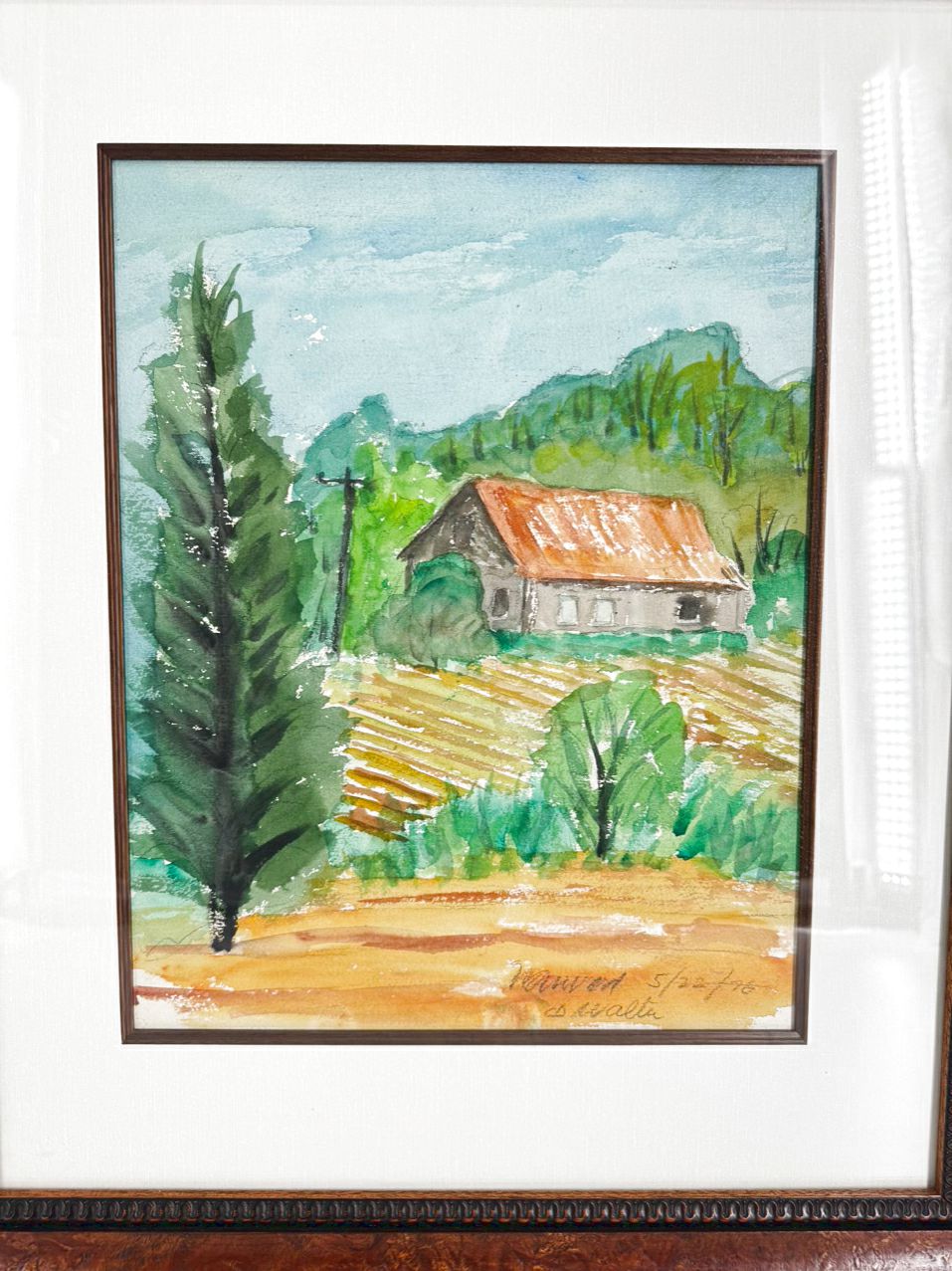SIGNED Barn w/ Mountain View Watercolor in Burlwood Frame