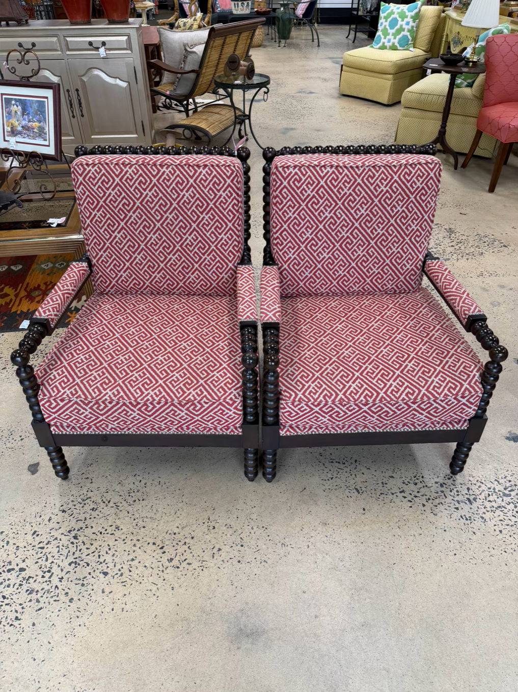 Wood Spindle Pair Of Chairs w/ Rust & White Fabric