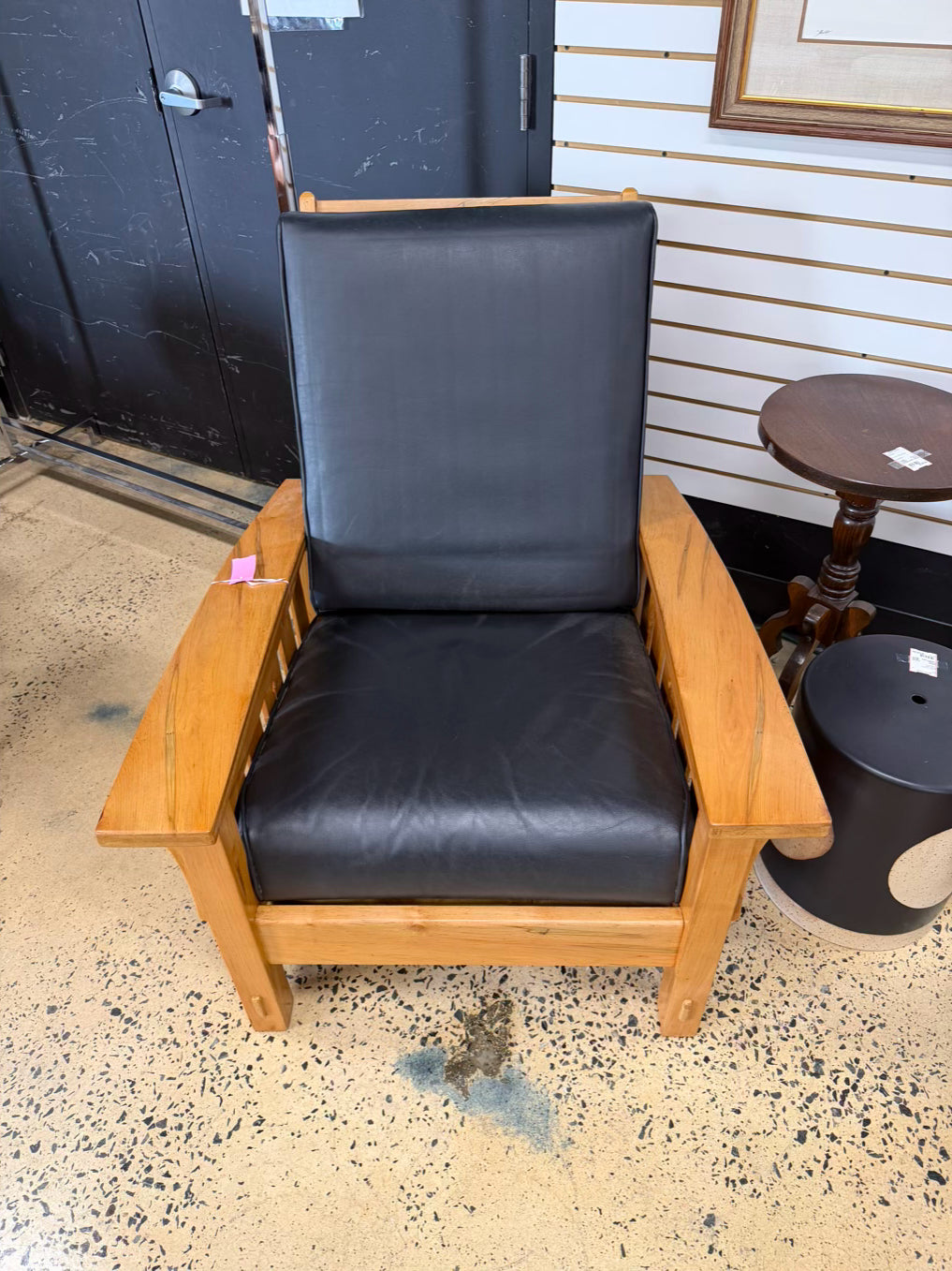 HAND CRAFTED Light Maple William Morris Style Chair w/ Black Leather Cushions