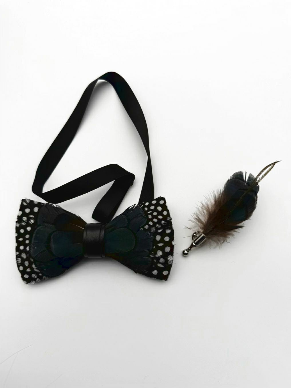 BRACKISH Teal & Black Natural Feather Bowtie w/ Lapel Pin
