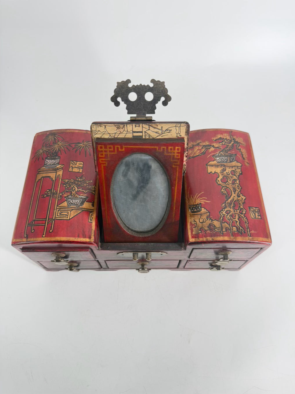 Red, Gold & Black Wood Hand painted Oriental Jewelry Box w/ Mirror