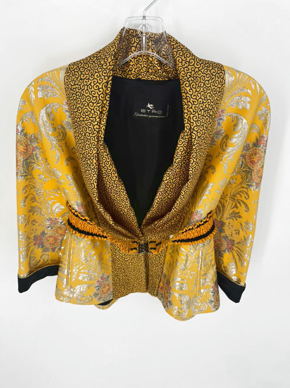 ETRO Size 44 Yellow Print Metallic Jacket w/ Belt