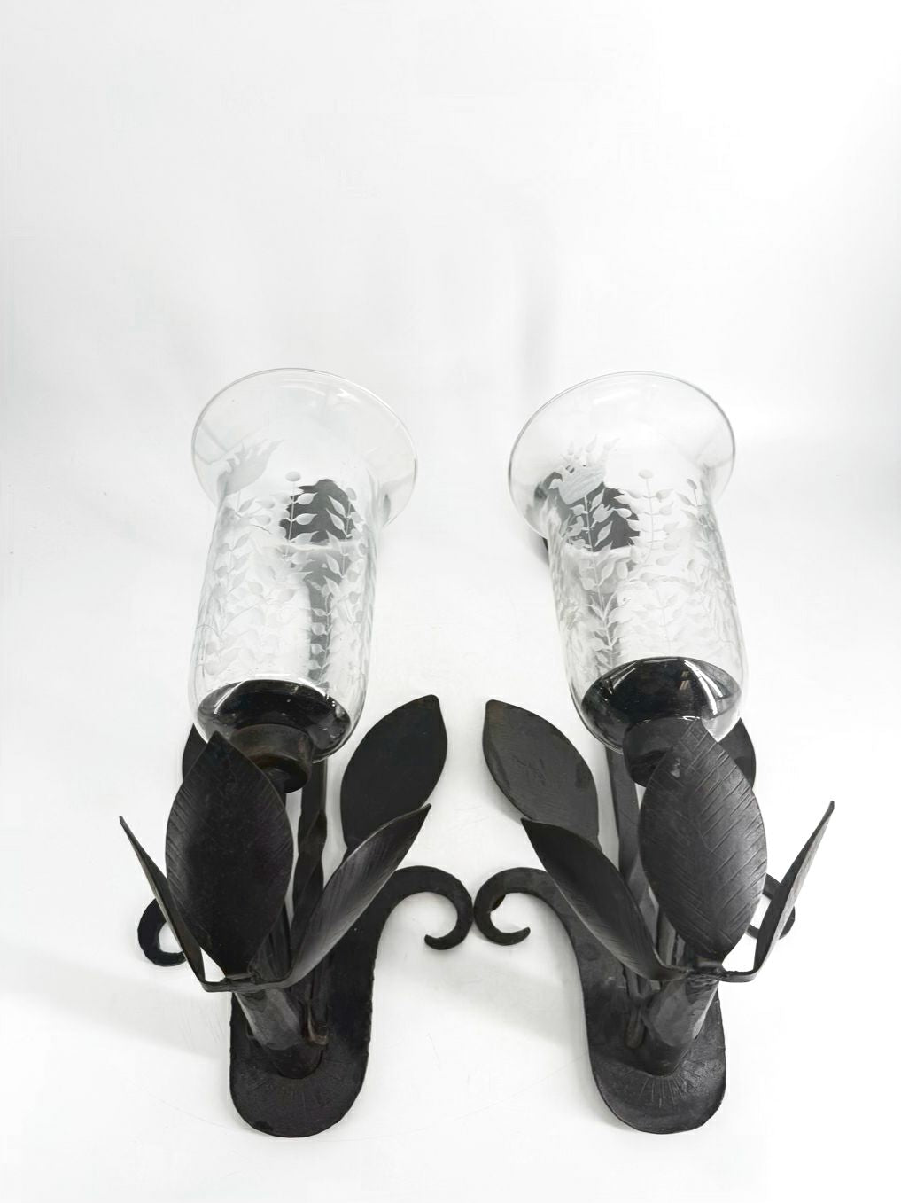 Black Glass & Wrought Iron Leaf Pair Of Candle Sconces