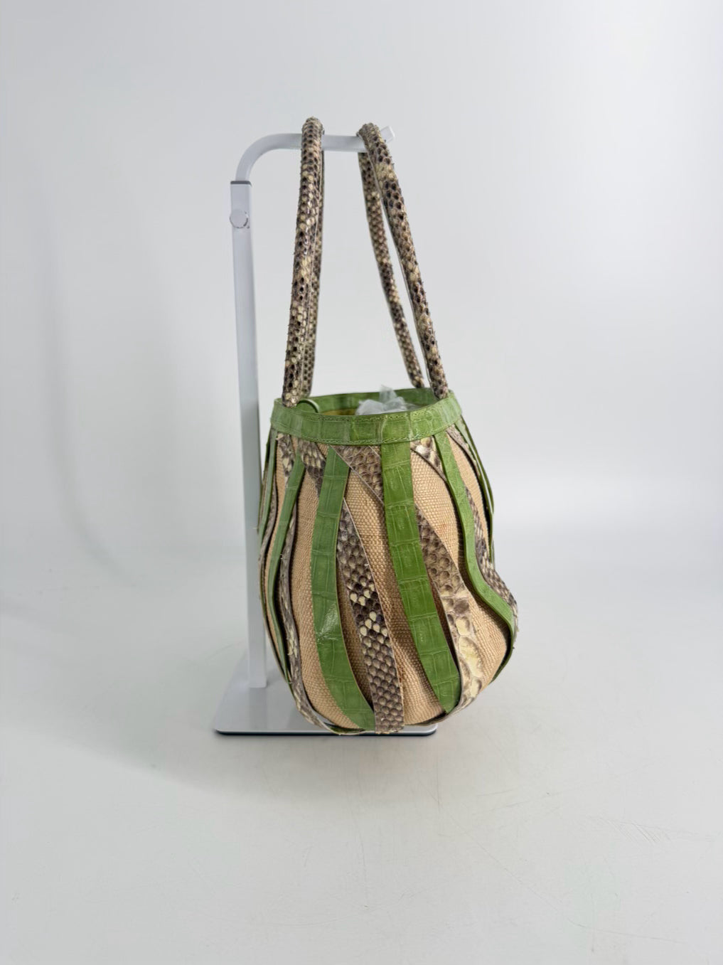 NANCY GONZALEZ Green Exotic Python , Crocodile & Canvas Tote Shoulder Bag