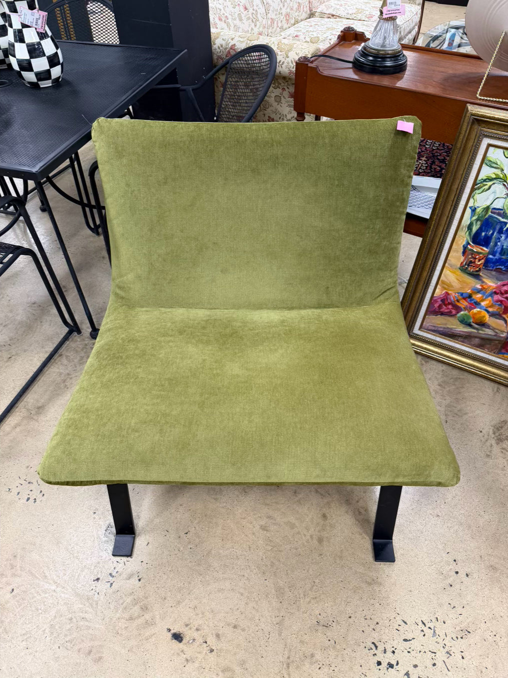 Green Armless Chair w/ Black Iron Legs