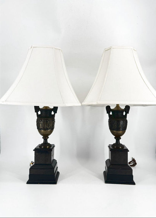 Black Neoclassical Urn Style Figural Pair of Lamps