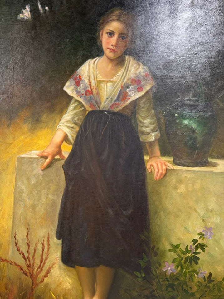Girl With Jug Painting In Brown & Black Ornate Frame