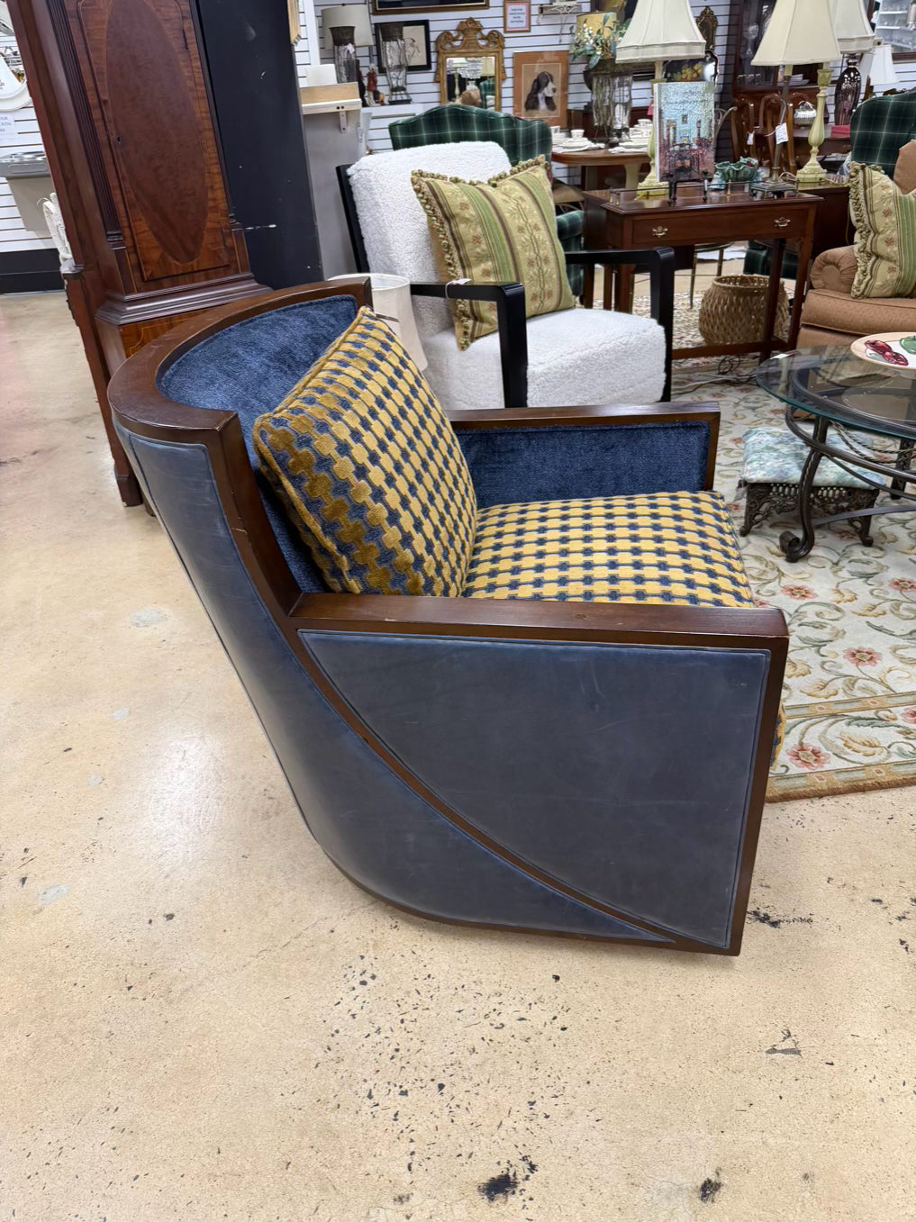 HICKORY WHITE Blue & Gold Leather & Fabric Swivel Chair