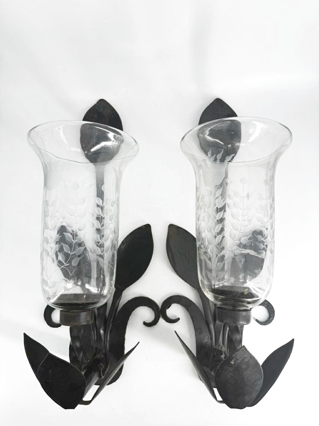 Black Glass & Wrought Iron Leaf Pair Of Candle Sconces