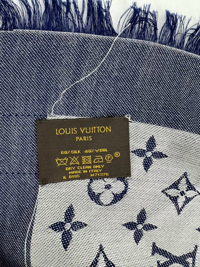 LOUIS VUITTON Blue & Gray Logo Silk & Wool Blend Scarf