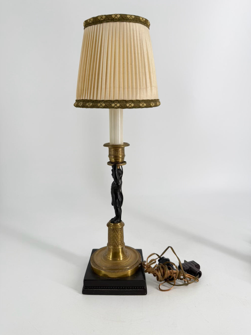 Brass & Bronze Candlestick Classical Rival Figural Pair of Lamps w/ Shades