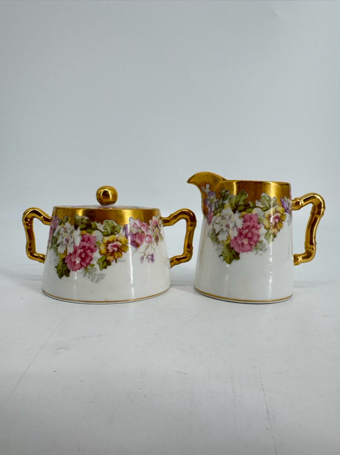 LIMOGES Pink, Purple & Gold Floral Porcelain Cream & Sugar