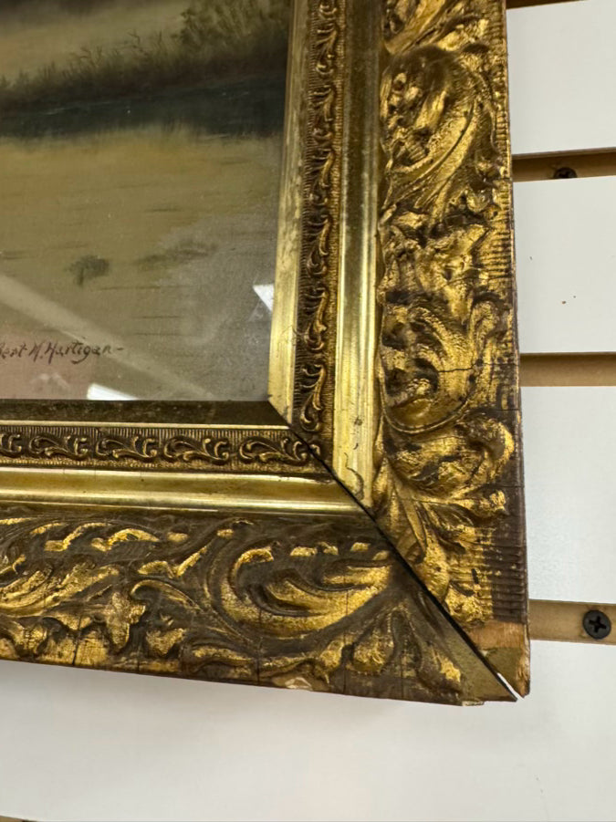 BERT M. HERTIGAN Lake Scene Painting in Gold Antique Frame