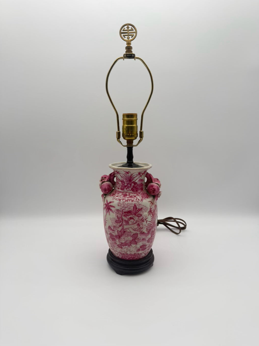 Pink & White Chinoiserie Porcelain Jar Lamp On Brown Wooden Base