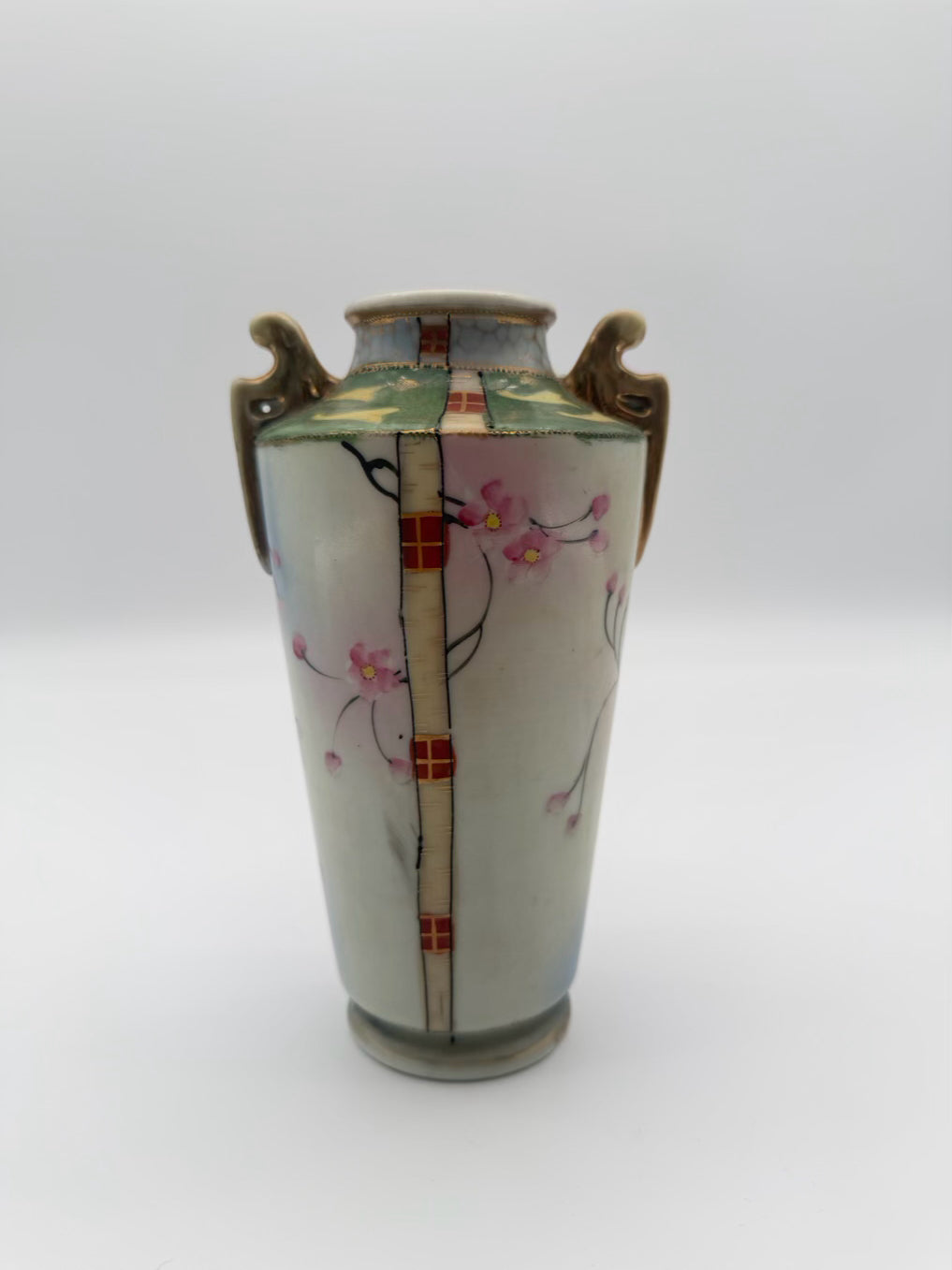 NIPPON Blue, Pink & Green Porcelain Bird Vase w/ Handles