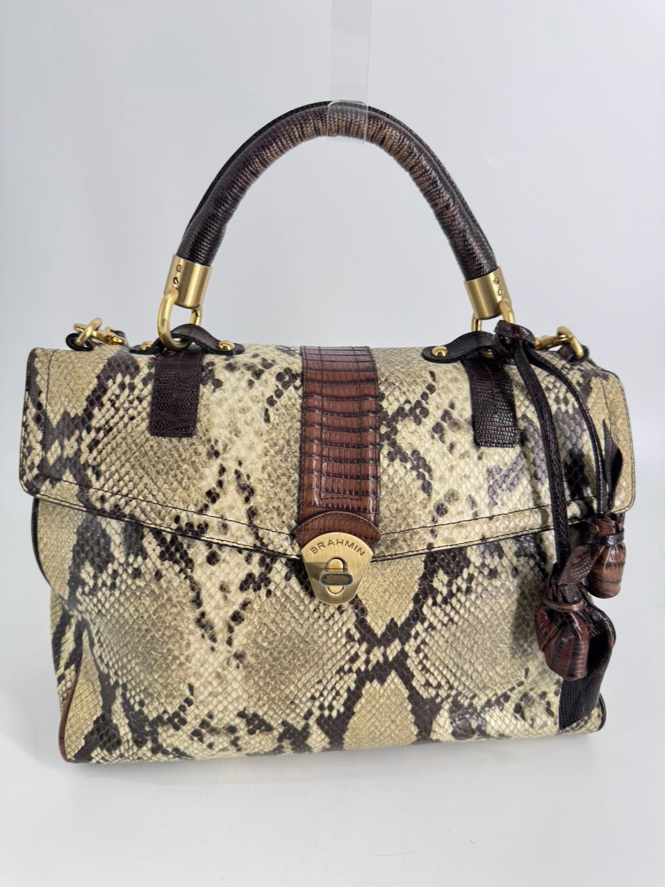 BRAHMIN Cream & Brown Leather Snake Print Purse