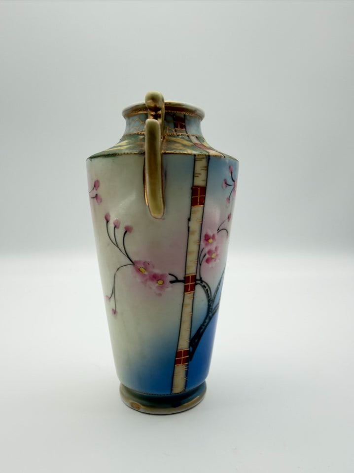 NIPPON Blue, Pink & Green Porcelain Bird Vase w/ Handles