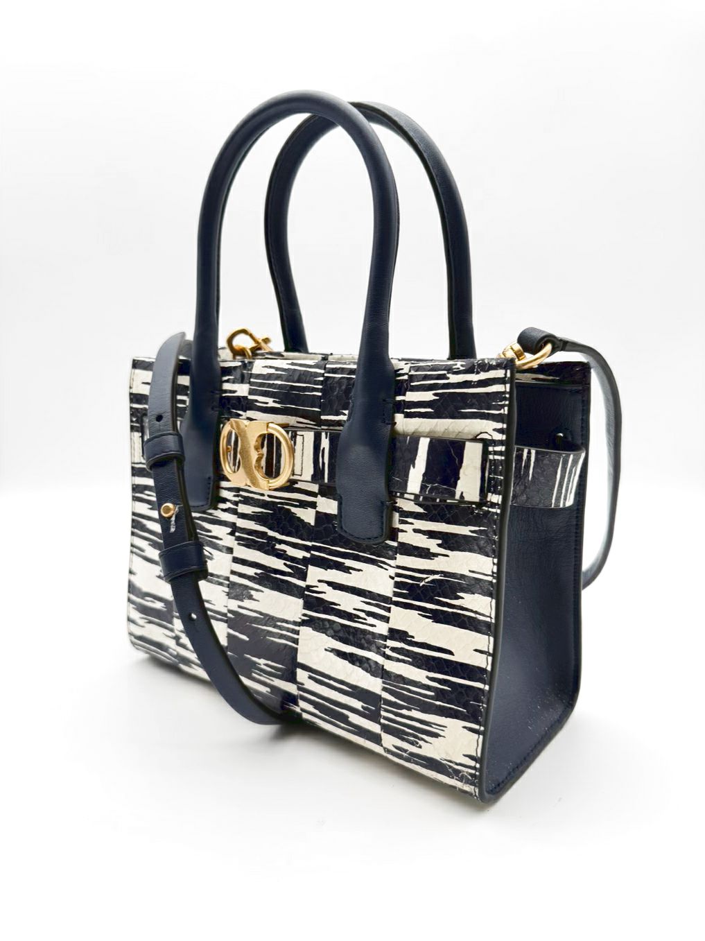 TORY BURCH Gemini Link Blue & White Snakeskin Tote