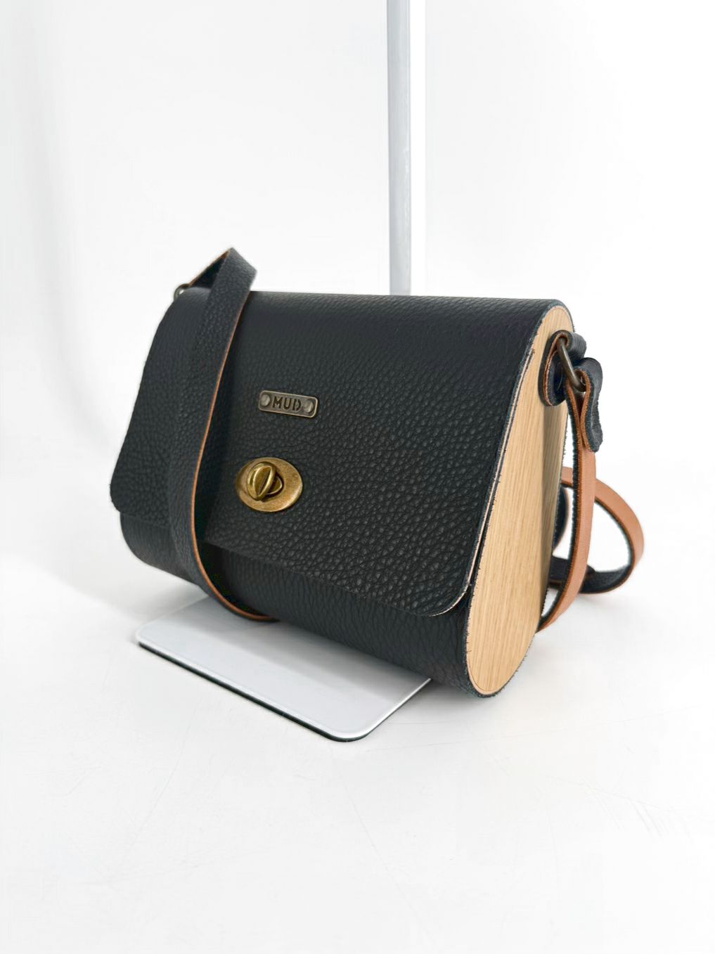 MUD Mini Pear Black Leather & Cork Crossbody Bag w/ Gold Tone Hardware