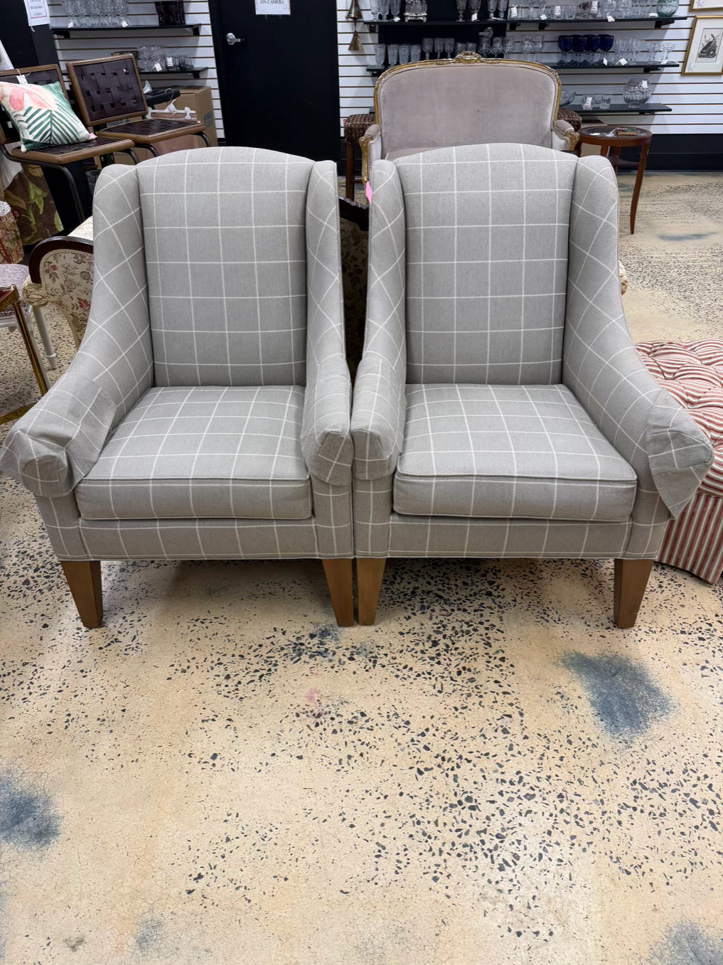 ETHAN ALLEN Tan Check Pair Of Wingback Chairs