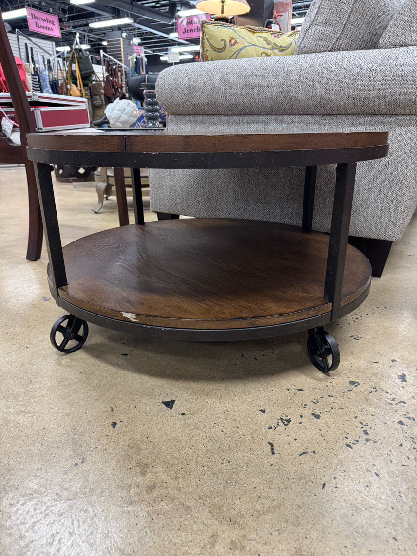 Wood & Metal Round Industrial Coffee Table on Wheels