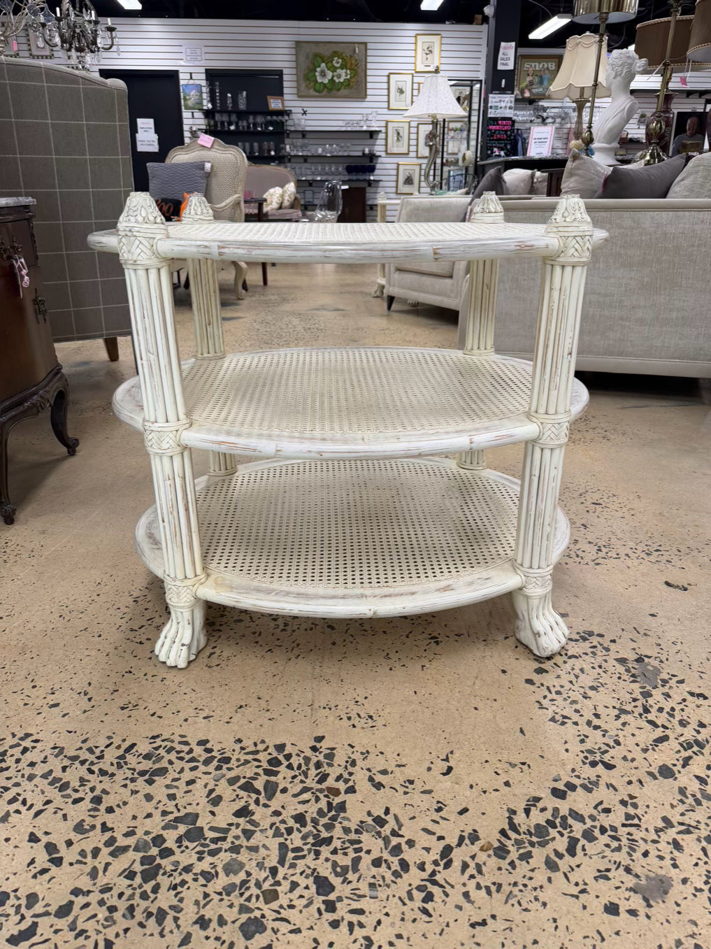 White Wood Occasional 3 Tier Table w/ Cane Shelves