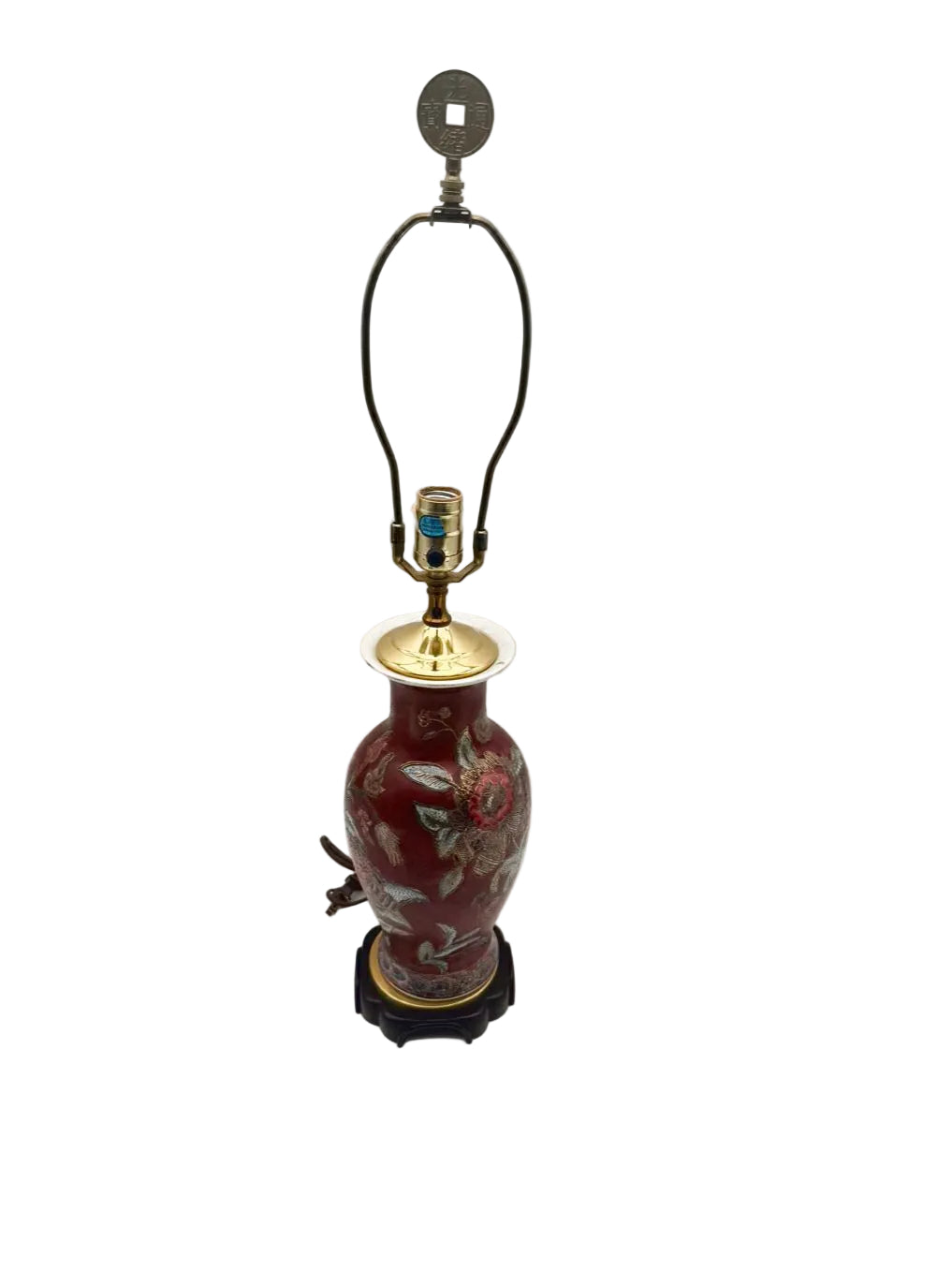 Burgundy & Blue Porcelain Jar Asian Inspired Lamp On Brown Wooden Base