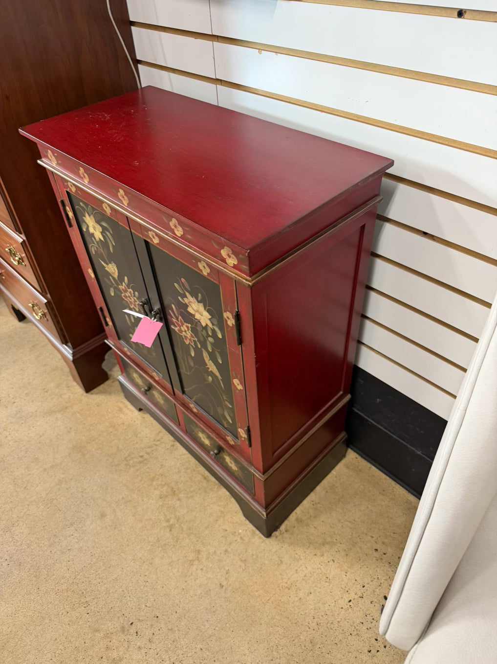 Black & Red Asian Inspired Painted Cabinet w/ 2 Drawers