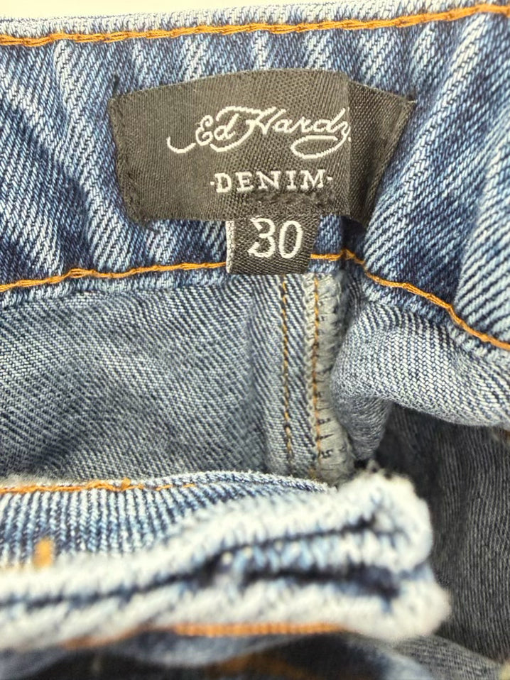ED HARDY Size Wmn's 30 Born Free Loose Fit Wide Leg Blue Denim Print Jeans NWT