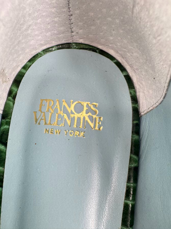 FRANCES VALENTINE Size 7.5 Green Embossed Leather Kitten Heels