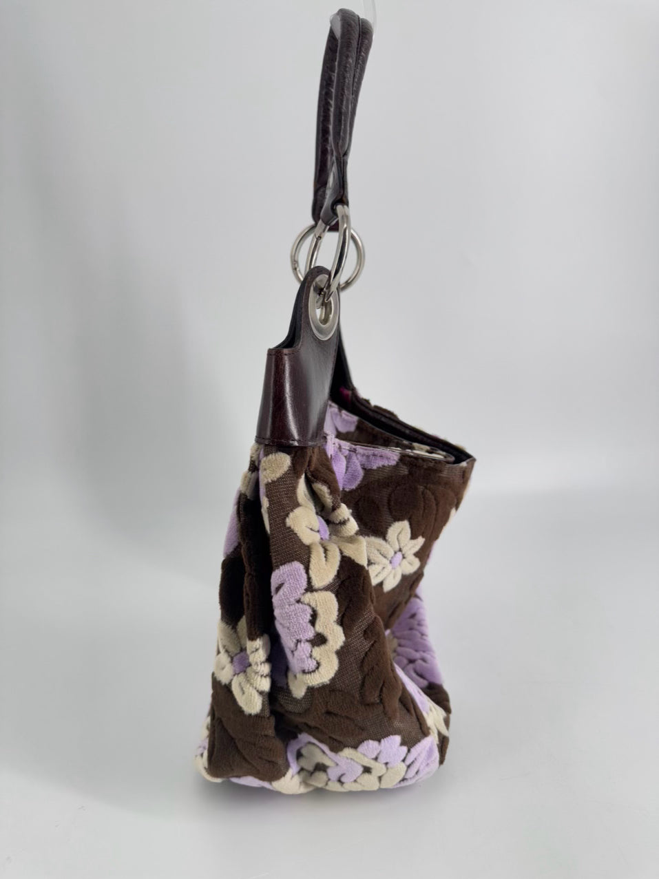 GLENDA GIES Purple & Brown Floral Velvet & Leather Purse